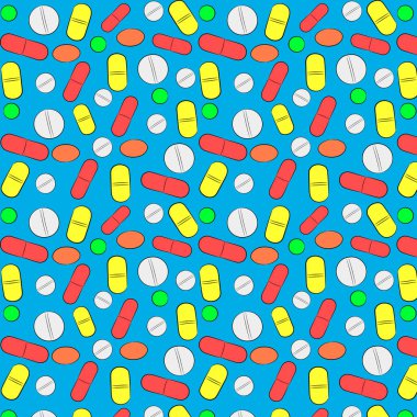 Mavi arka plandaki hap deseni. Tablet. Vektör illüstrasyon. Stok illüstrasyon.