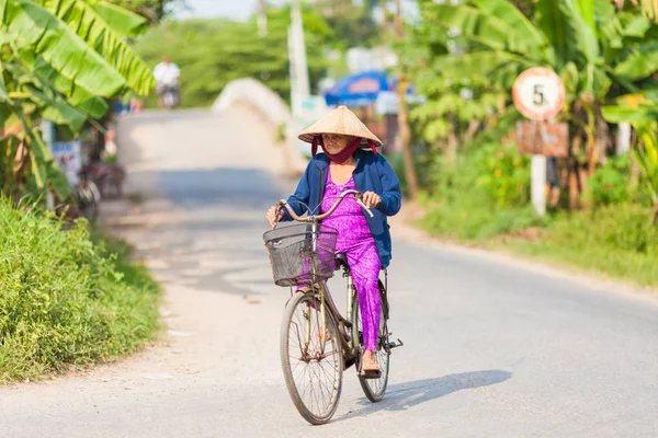 Mekong Delta, Vietnam-Aralık 10, 2013. Eski Vietnam kadın üzerinde 10 Aralık 2013 Mekong Delta Cai bölgesinde Cai olması gereken kasaba ve Güney Vietnam yüzen Pazar yakın olmak bir bisiklet sürmek.            
