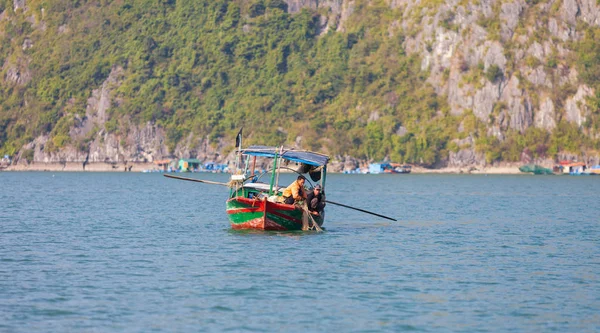 Залив Халонг Вьетнам Декабря 2015 Года Вьетнамские Рыбаки Рыбачат Сетями — стоковое фото
