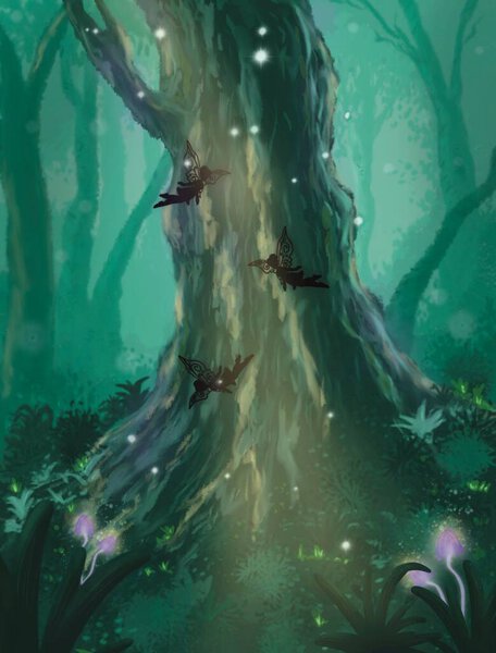 Magical forest landscape with greenery and flying fairies