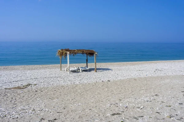 Empty Deck Chairs Sea Canopy Borsh Albania — Stock Photo, Image