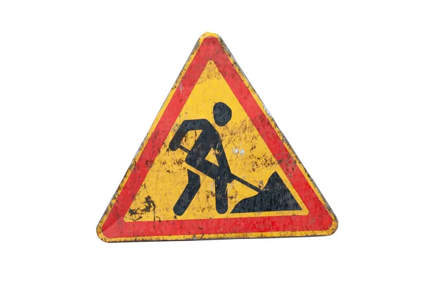 道路上有肮脏的标志 黑色和黄色三角形标志 背景为白色的挖掘机人 — 图库照片