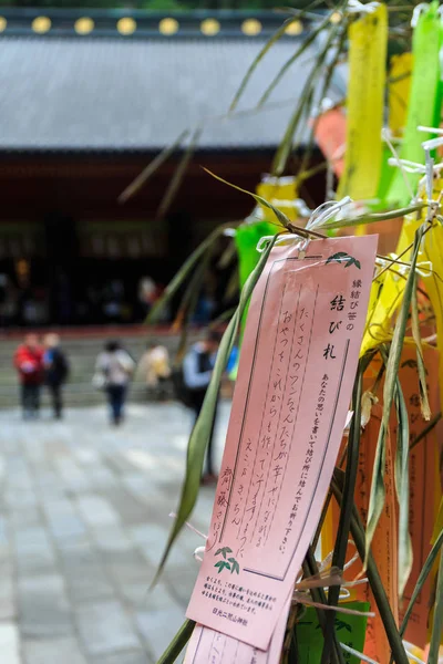 Many colorful paper strips or Tanzaku traditional custom of writing wishes on strips of colored paper, which are then hung on bamboo branches, hoping that the wish come true. Tanabata Festival. Japan.