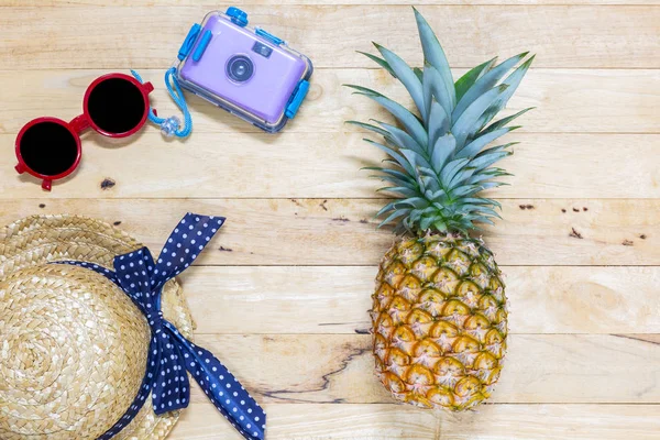 Lägenheten låg ananas med gröna blad och solglasögon, kamera, mössa — Stockfoto