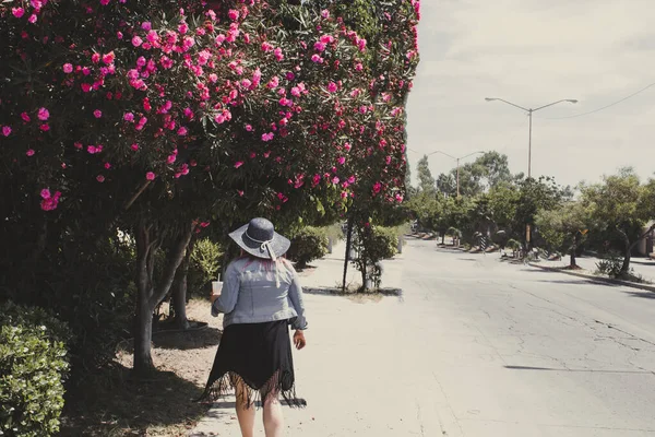Mulher Gorda Chapéu Andando Lado Árvore Flor Rosa — Fotografia de Stock