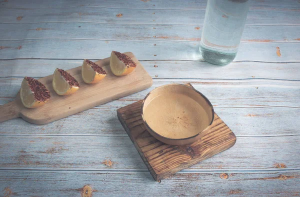 Copa Mexicana Especial Para Tragos Tequila Mezcal Con Botella Naranja — Foto de Stock