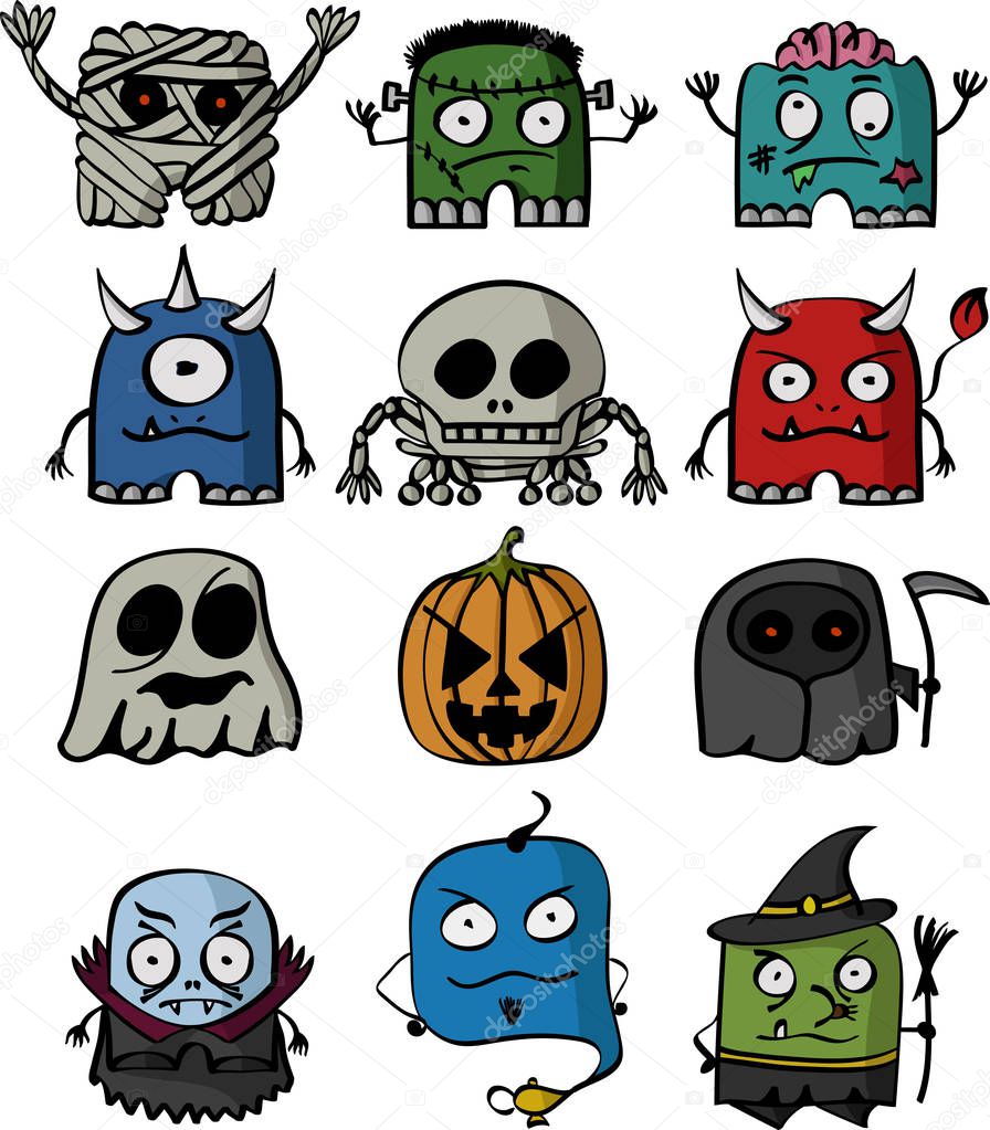 Halloween monsters set. Cartoon characters.