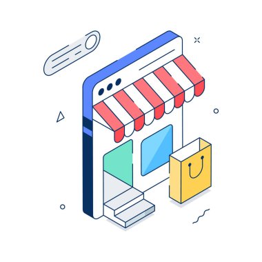 Mobil bir e-ticaret mağazasının inanılmaz bir izometrik çizimi.