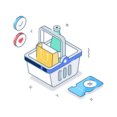 Bir alışveriş sepetinin izometrik çizimi, online alışveriş kavramı