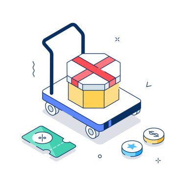 Hediye kutusu taşıyan bir el arabasının izometrik çizimi.