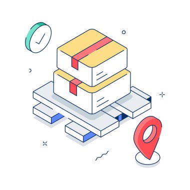 Verimli nakliyeyi temsil eden konum işaretleyicili bir paletin üzerine istiflenmiş paketler
