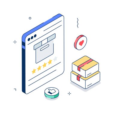 İzometrik bir illüstrasyon, çevrimiçi olumlu bir alışveriş deneyimi tasvir ediyor.