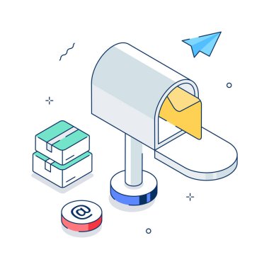 Dijital iletişimi temsil eden, paketler ve e-posta sembollü modern posta kutusu