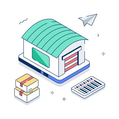 Bu canlı izometrik çizim modern bir depo tesisini resmediyor.