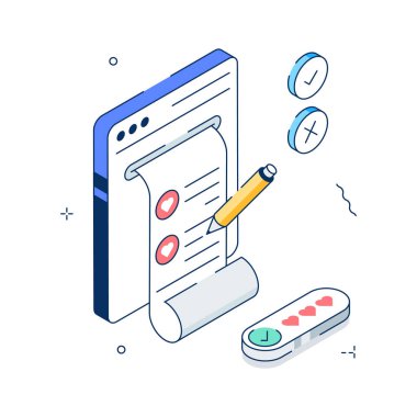 Yaratıcı olarak hazırlanmış izometrik illüstrasyon dijital bir kontrol listesi sergiliyor