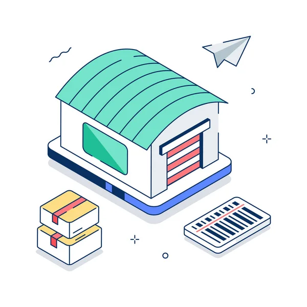 Bu canlı izometrik çizim modern bir depo tesisini resmediyor.