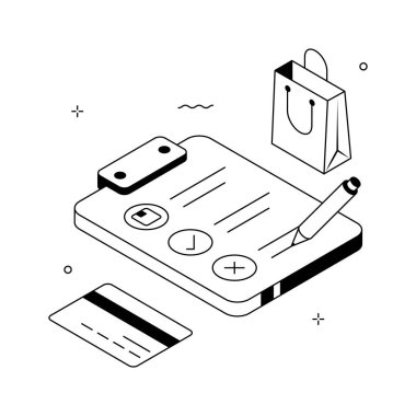 Alışveriş listesinin bu inanılmaz izometrik illüstrasyonunu modern tarzda ele alalım.