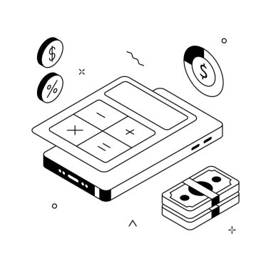 Para ve yüzde sembolleriyle modern finansal hesap makinesi uygulaması illüstrasyonuName