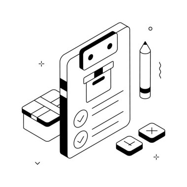 İşte alışveriş listesinin modern izometrik bir çizimi.