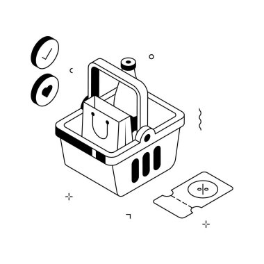 Bir alışveriş sepetinin izometrik çizimi, online alışveriş kavramı