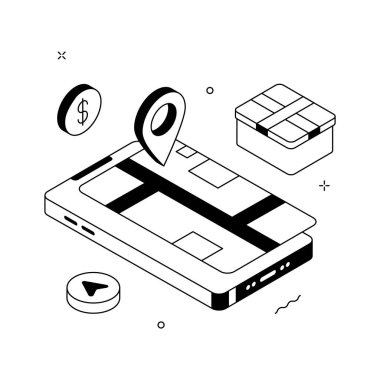 Hediye kutusu ile taşınabilir uygulama izleme dağıtım konumunun Isometric illüstrasyonu