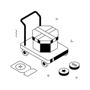 Hediye kutusu taşıyan bir el arabasının izometrik çizimi.
