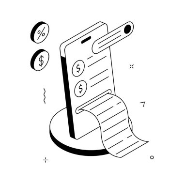 Yaratıcı olarak hazırlanmış mobil ödeme makbuzu izometrik illüstrasyon