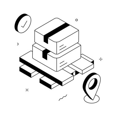 Verimli nakliyeyi temsil eden konum işaretleyicili bir paletin üzerine istiflenmiş paketler