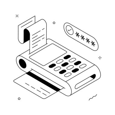 Isometric illüstrasyon, bir kredi kartı işleminin modern bir satış noktasını resmediyor