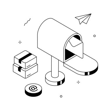 Dijital iletişimi temsil eden, paketler ve e-posta sembollü modern posta kutusu