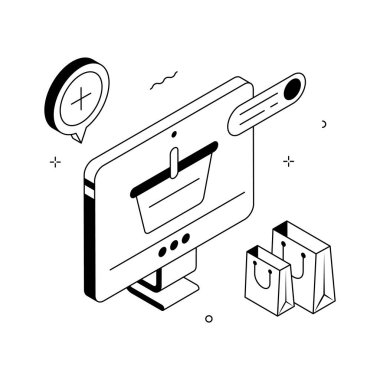 Çevrimiçi alışveriş deneyimini gösteren izometrik bir illüstrasyon