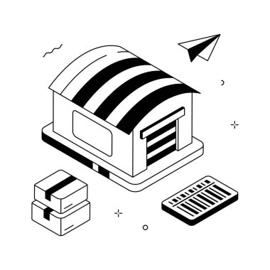 Bu canlı izometrik çizim modern bir depo tesisini resmediyor.