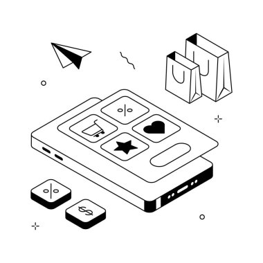 Kullanıcı dostu mobil alışveriş uygulaması arayüzünü gösteren izometrik bir illüstrasyon