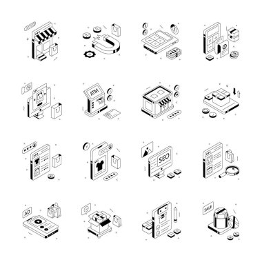Çevrimiçi alışveriş ve ekommerazın çeşitli elementlerini tasvir eden izometrik çizimlerin bir koleksiyonu