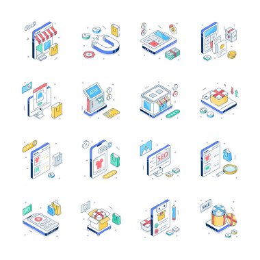 Çevrimiçi alışveriş ve ekommerazın çeşitli elementlerini tasvir eden izometrik çizimlerin bir koleksiyonu