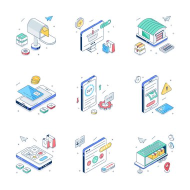 Ticaretin ve lojistiğin çeşitli aşamalarını gösteren izometrik simgelerin bir derlemesi