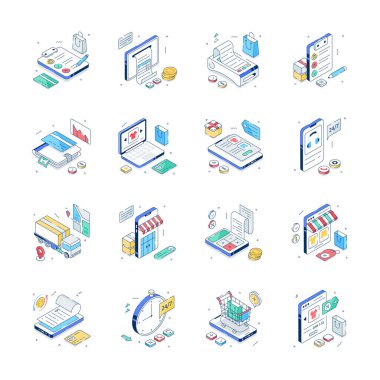 Çeşitli ticaret ve perakende işlemlerini tasvir eden izometrik çizimlerin bir koleksiyonu