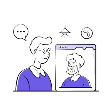 Çevrimiçi iş toplantısı illüstrasyonunda video konferansı, el çizimi vektörü