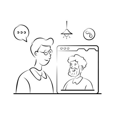 Çevrimiçi iş toplantısı illüstrasyonunda video konferansı, el çizimi vektörü