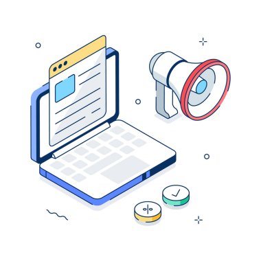 Bir dizüstü bilgisayar ve megafonun dijital içerik pazarlamasını sembolize eden Isometric çizimi.