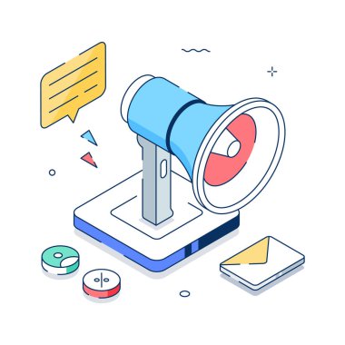 Megafon ve mesajlarla sınırlı pazarlama izometrik illüstrasyonuName