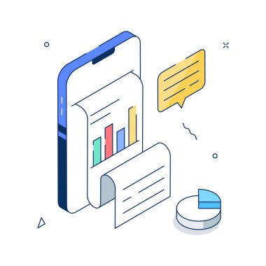 Çizelgeler, grafikler ve dijital içgörüleri gösteren izometrik çizim raporu.