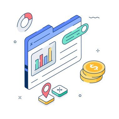 Haritalar ve Paralarla Mali Veri Analizi Isometric Illustration