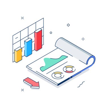 İş Analizi Belgeler ve Çubuk Grafikleriyle Isometric Illustration