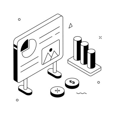 Çeşitli veri görselleştirmeleri içeren bir sunum tahtasını gösteren izometrik bir illüstrasyon