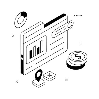 Haritalar ve Paralarla Mali Veri Analizi Isometric Illustration