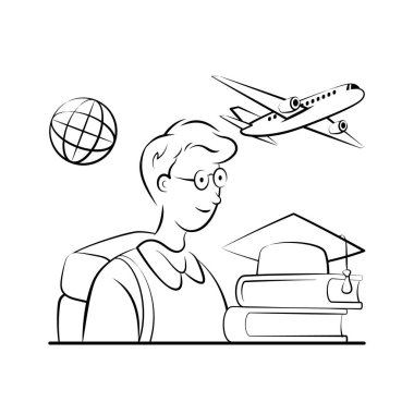 Küresel ve mezuniyet şapka planlama eğitimi alan öğrenci, modern illüstrasyon.
