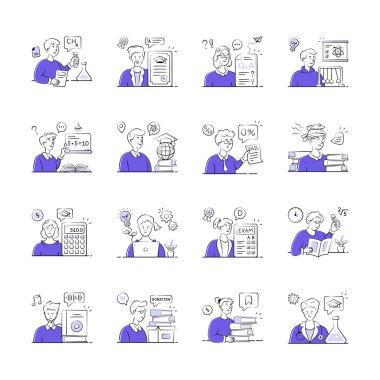 Çeşitli öğrenim deneyimlerine aktif olarak katılan öğrencileri tasvir eden stilize edilmiş bir resim koleksiyonu.