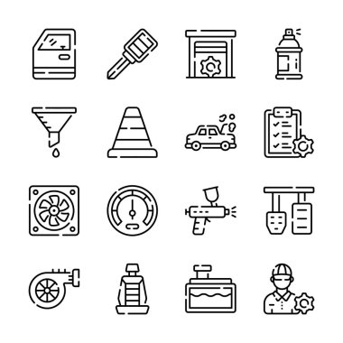 A set of black line icons depicting various automotive repair and maintenance tasks.