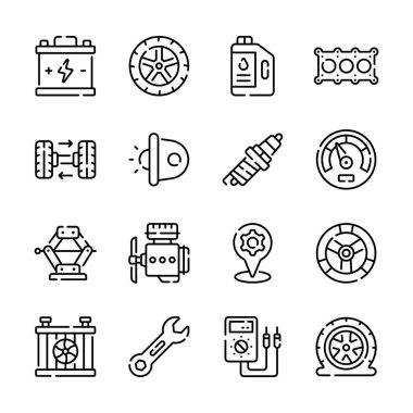A collection of simple, black line icons depicting various automotive parts and tools.